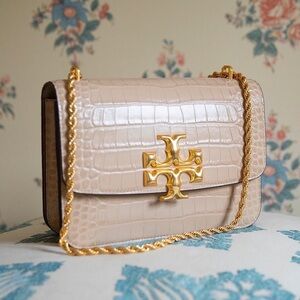 Tory Burch Cream Eleanor Croc Embossed Leather Convertible Shoulder Bag Medium
